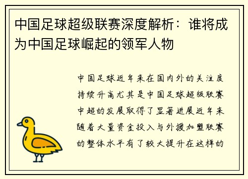 中国足球超级联赛深度解析：谁将成为中国足球崛起的领军人物